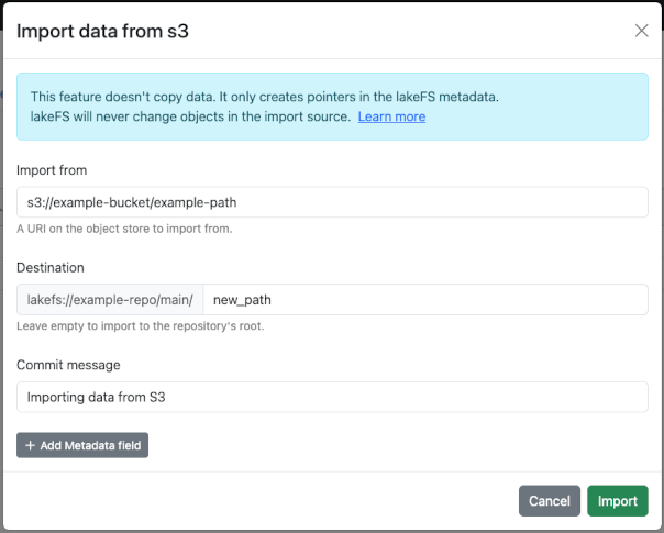 lakeFS UI import dialog